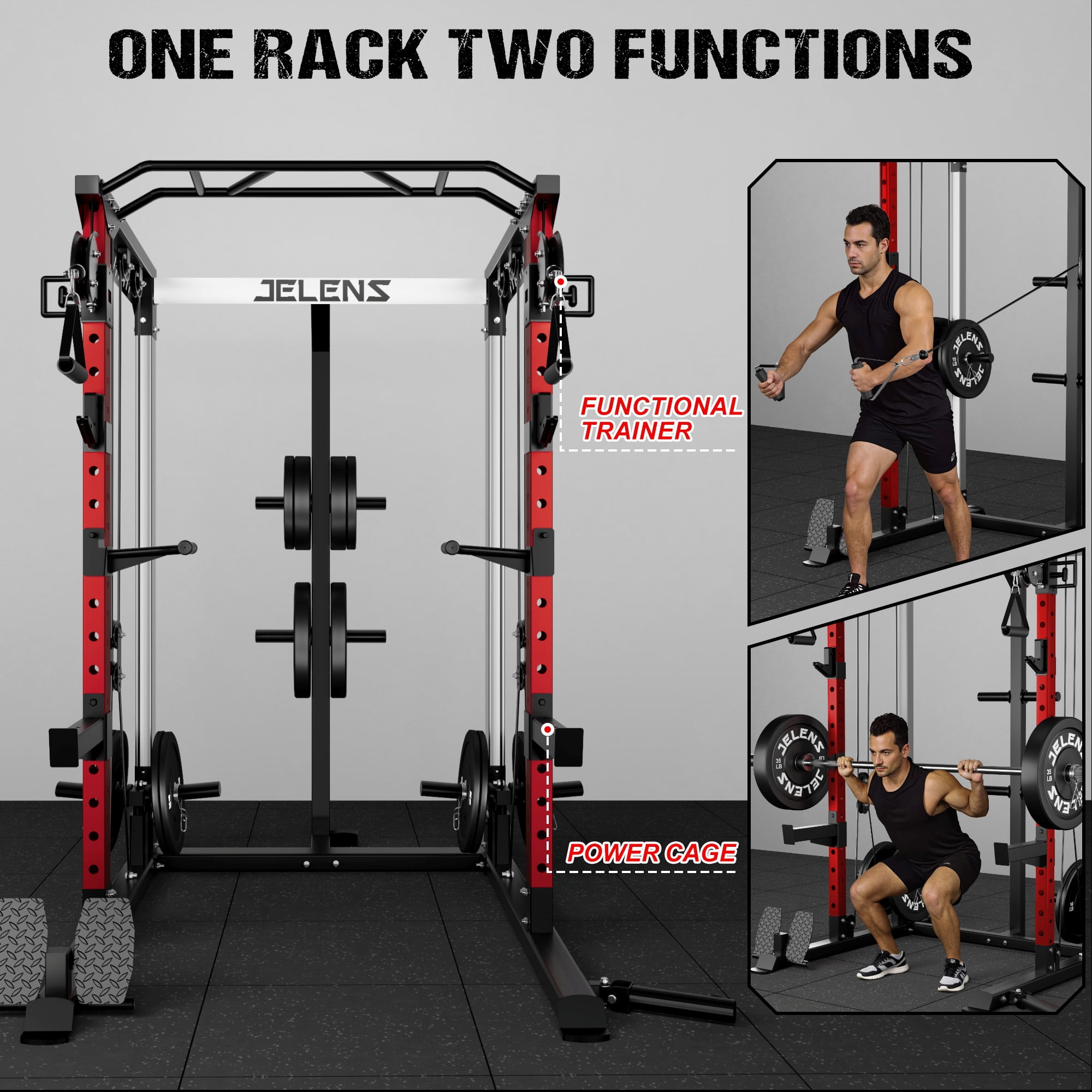 Multi-Function Power Rack Cage,2000lbs Dual Pulley Cable Crossover Machine with J Hooks, Dip Bars & Landmine for Home Gym