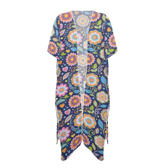 HELLHERO Floral Heart Print Long Kimono - Lightweight Breathable Beach Cover Up for Women | Vacation Poolside Resort Wear