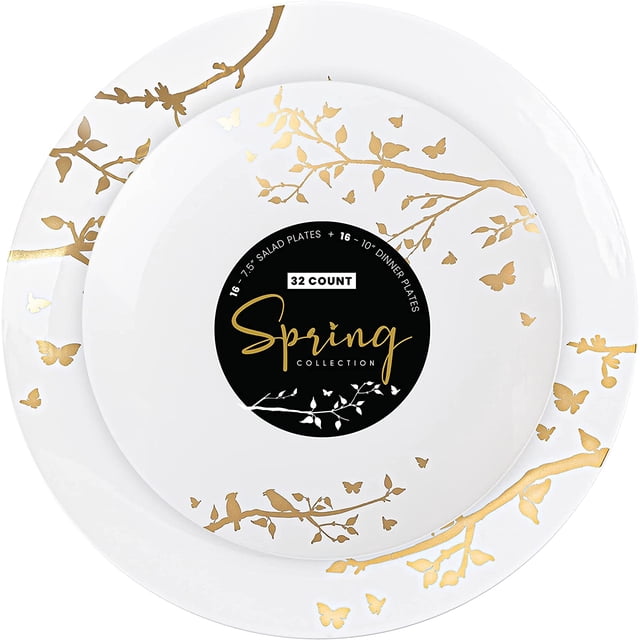 Plasticpro White Plastic Design Party Plates Premium heavyweight Elegant Disposable Tableware Dishes (32, Spring Collection Gold)