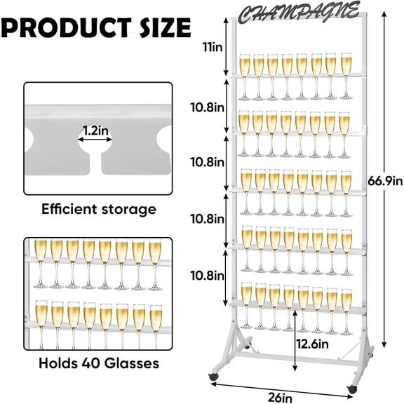 Champagne Wall Holder for Party - 40 Glasses Metal Champagne Display Stand 5-Tier Champagne Rack Shelf with Swivel Casters for Wedding Bar Decor (White)