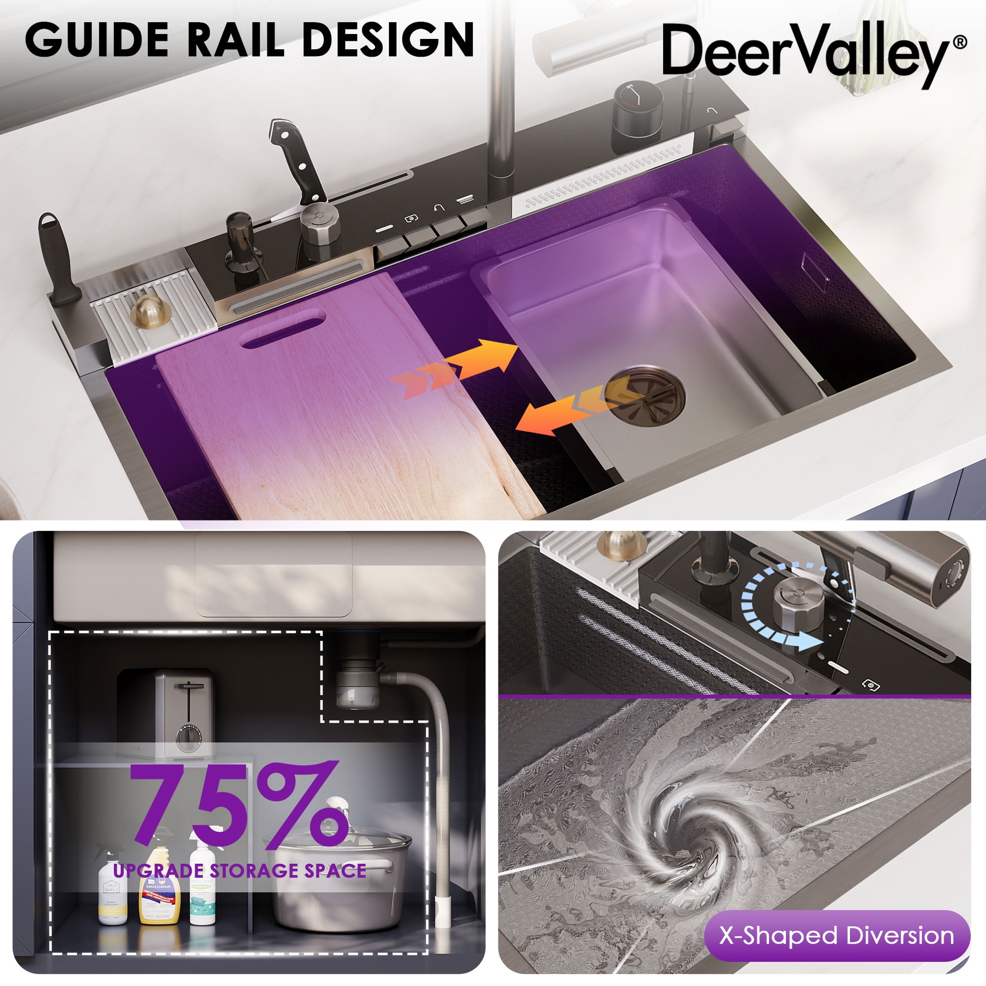 Deervalley 29.5" X 18" Smart Waterfall Kitchen Sink, Drop In Stainless Steel Digital Display Workstation Sink DV-1K0348