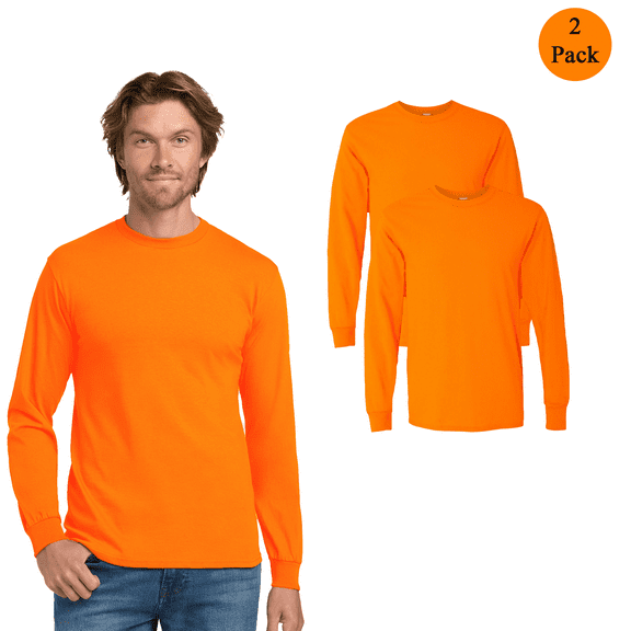 Gildan Hi Vis Heavy Cotton Long Sleeve T-Shirt, High Visibility Work Safety Orange Tee, 2 Pack, S