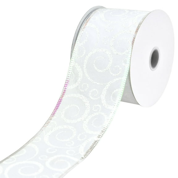 Homeford Christmas Iridescent Glitter Swirls Satin Wired Ribbon, 2-1/2-inch, 10-yard, White