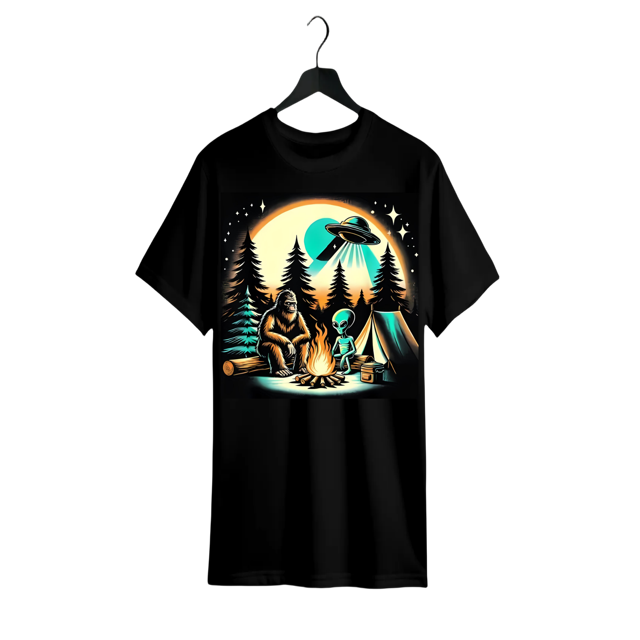 Funny Sasquatch & alien uFo Graphic Tee - 100% Cotton, Perfect for outdoor adventures, Hiking, Camping - Great Gift for Men & Women, Family-Friendly, Black, Sizes S-XXXL Clothes Menswear