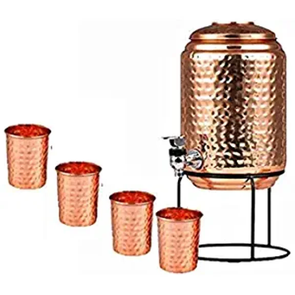 Pure Copper Hammered Water Dispenser Storage Water Tank with Tap and set of 4 Copper Glass | Water Pot | Copper Water Storage Tank | 6.5 Ltr Capacity | 218 Oz