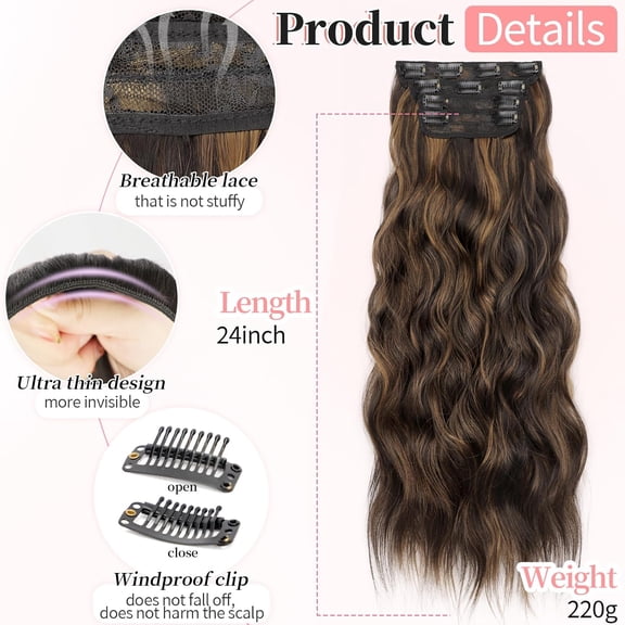 WEIF-Clip in Hair Extensions Long Wavy 4PCS Thick Hairpieces Synthetic Highlight Hair Extensions Balayage Dark Brown to Chestnut H2/426 Fiber Double Weft Natural 24Inch for Women