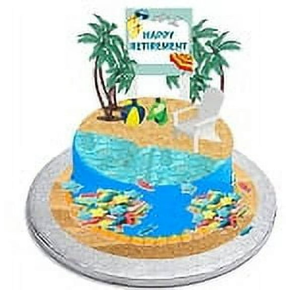 CakeSupplyShop Happy Retirement Cake Topper with Adirondack Chair, Beach Bucket, Palm Trees and Retirement Sign