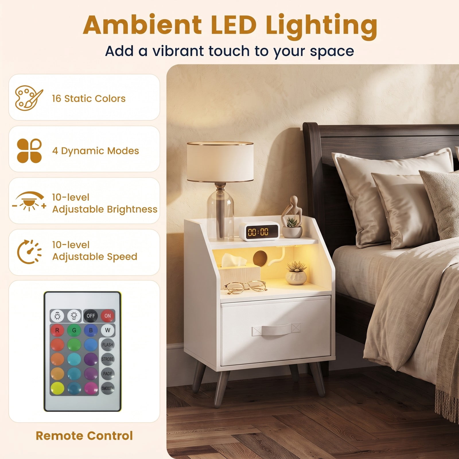 Furnibear Nightstand with LED Light and Charging Station and Fabric Drawer for Bedside Storage in the Bedroom and Living Room, White