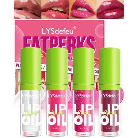4 Colors Lip Oil Lip Glaze,Hydrating Tinted Plumping Glossier Lip Gloss,Clear Pink Shiny Glow Reviver Lip Care Oil,Longlasting Non-sticky Transparent Lip Oil,Christmas Makeup Gift for Women