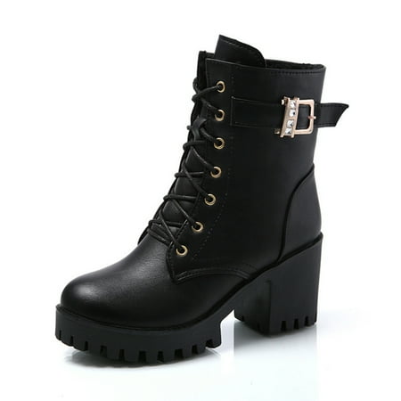 

Hawee Women Chunky High Heel Combat Ankle Boots Army Military Riding Boots Diamond Buckle