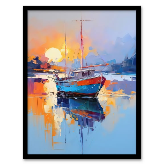 Fishing Boat in Tranquil Lake at Sunrise Oil Painting Orange Blue Red Abstract Seascape Art Print Framed Poster Wall Decor 12x16 inch