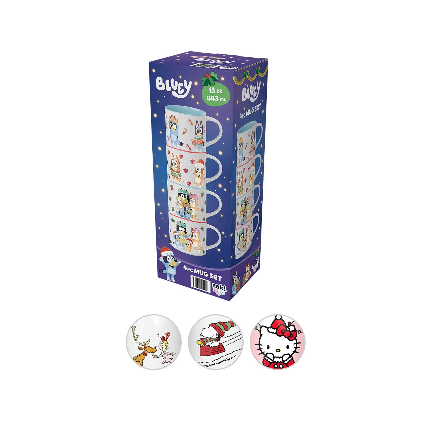 Zak Designs 15oz 4pk Stackable Ceramic Holiday Mugs in Gift Box - Bluey