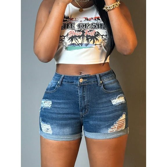 Women's Summer Mid Rise Ripped Denim Shorts Stretchy Butt Lifting Jean Shorts Trendy Fashion Boyfriend