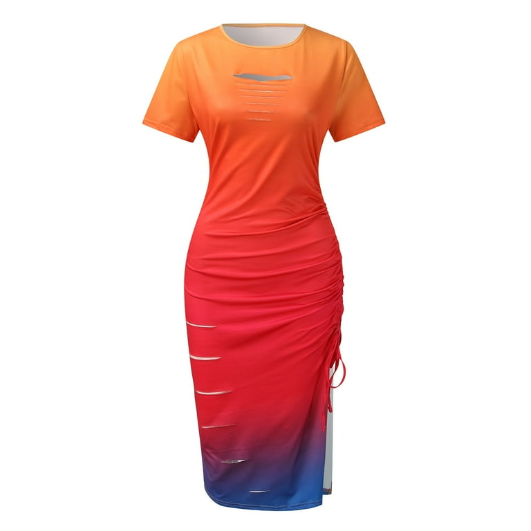 Women s Bodycon Dress Camouflage Gradient Ripped Hollow Slit Drawstring Ruched Wrap Dress Walmart