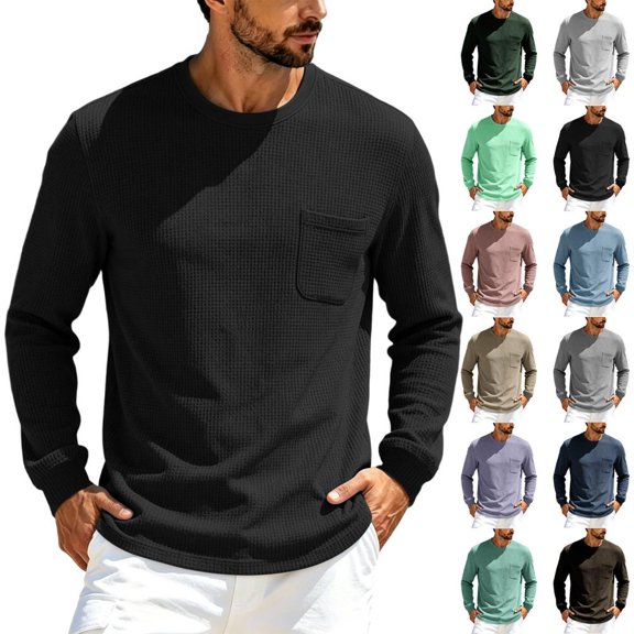 Bxsruta Mens Long Sleeve Crewneck Shirt Waffle Knit Front Pocket Casual Tee Vacation Beach Top