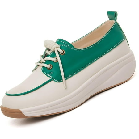 Women Leather Lace Up Platform Sneakers Walking Shoes Fashion Wedge Walking Sneakers Leather Color Blocking Loafers