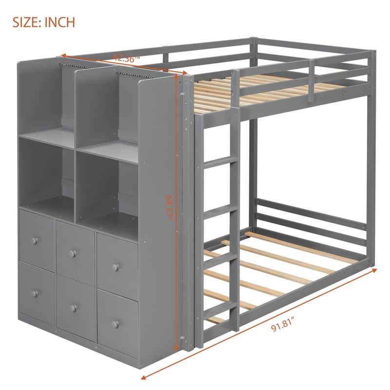 Twin-Over-Twin Size Teens Storage Bunk Bed with Drawers & Shelves, Kids Bed Frame with Built-In Ladder & LED Light Strip