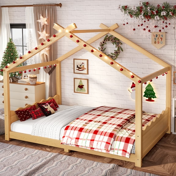 Harper & Bright Designs Full Size Floor Bed with Support Slats, Wood House Bed with Headboard and Footboard for Boys and Girls, Natural