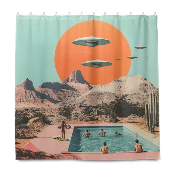 Yayeee Shower Curtain with Hooks 72"x72" Waterproof Fabric Bathroom Hanging Decor, Retro UFO