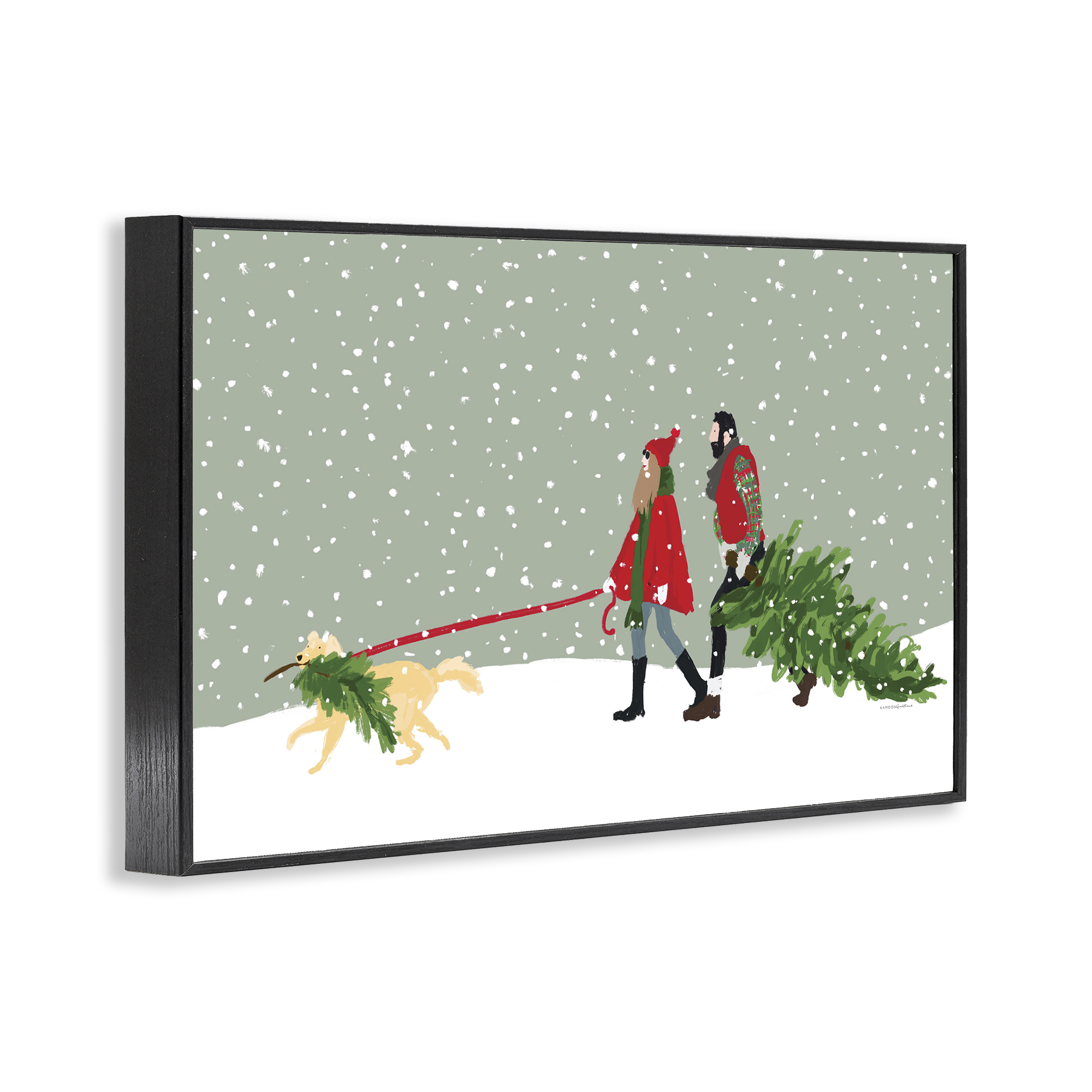 Stupell Industries Couple with Christmas Tree Holiday Painting Black Framed Art Prints Wall Art, 30 x 20
