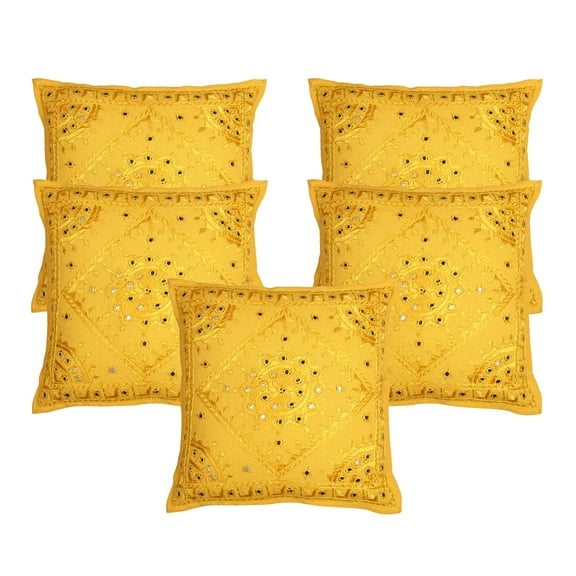 Stylo Culture Ethnic Couch Throw Pillow Covers 16x16 Hand Embroidered Mango Yellow Bohemian 40 x 40 cm Home Decor Cotton Mirrored Square Cushion Covers | Set Of 5