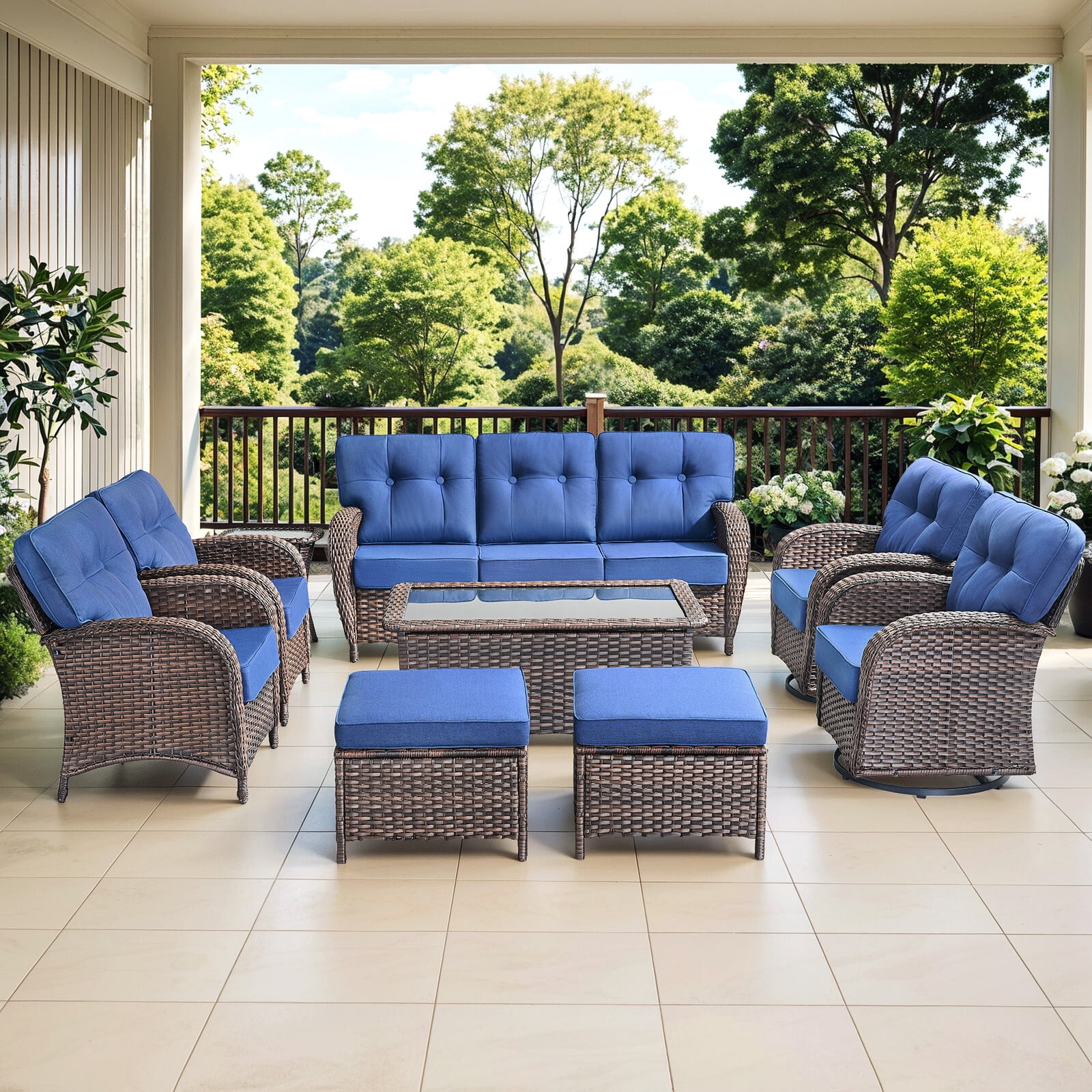 Bellefurn 9 Piece Outdoor Patio Wicker Furniture Sets,High Back Outdoor Conversation Set with Swivel Rocker Patio Chairs,Sofa,Coffee Table and Ottomans for Porch Balcony Patio Deck