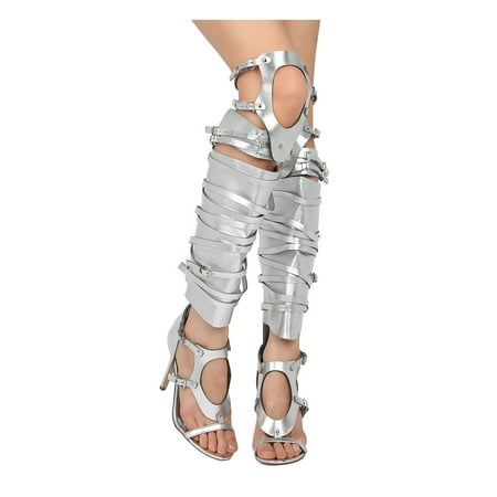 

Breckelle BA74 Women Metallic Leatherette Cut Out Open Toe Strappy Knee High Sandal Boot Stiletto Heel