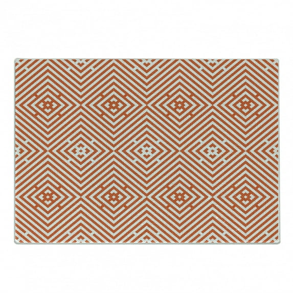 Burnt Orange Cutting Board, Rhombuses in Bullseye Pattern with Herringbone Zigzag Stripes, Decorative Tempered Glass Cutting and Serving Board, Small Size, Burnt Orange and White, by Ambesonne