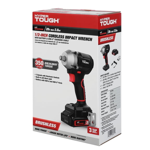 Hyper Tough 20V Max Brushless 1/2-inch Cordless Impact Wrench 350 ft-lbs Torque