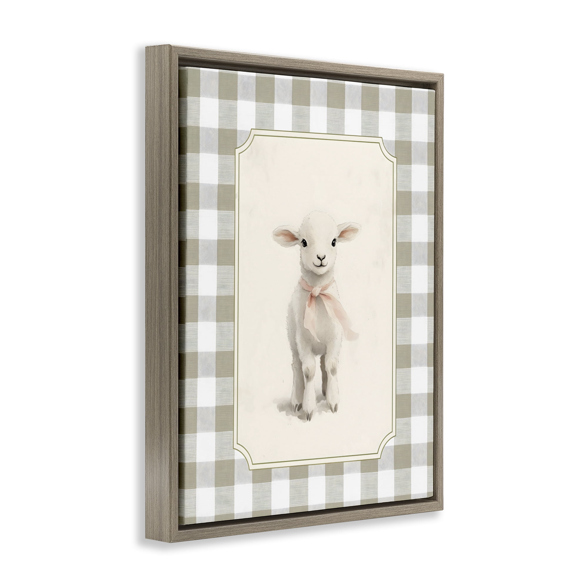 Stupell Industries Gingham Lamb with Pink Ribbon Brown Framed Floater Canvas Wall Art, design by Arlington Prints