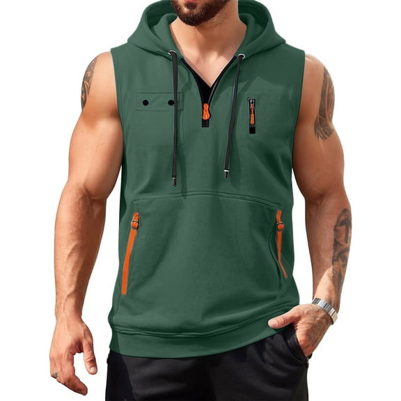 Dresfit Mens Hoodie Sleeveless Zip Up Tank Tops Drawstring Quarter Zip Vintage Sweatshirt Summer 2026 Big and Tall Solid Color Bodybuilding Hawaiian Tanks Dark Green 3XL