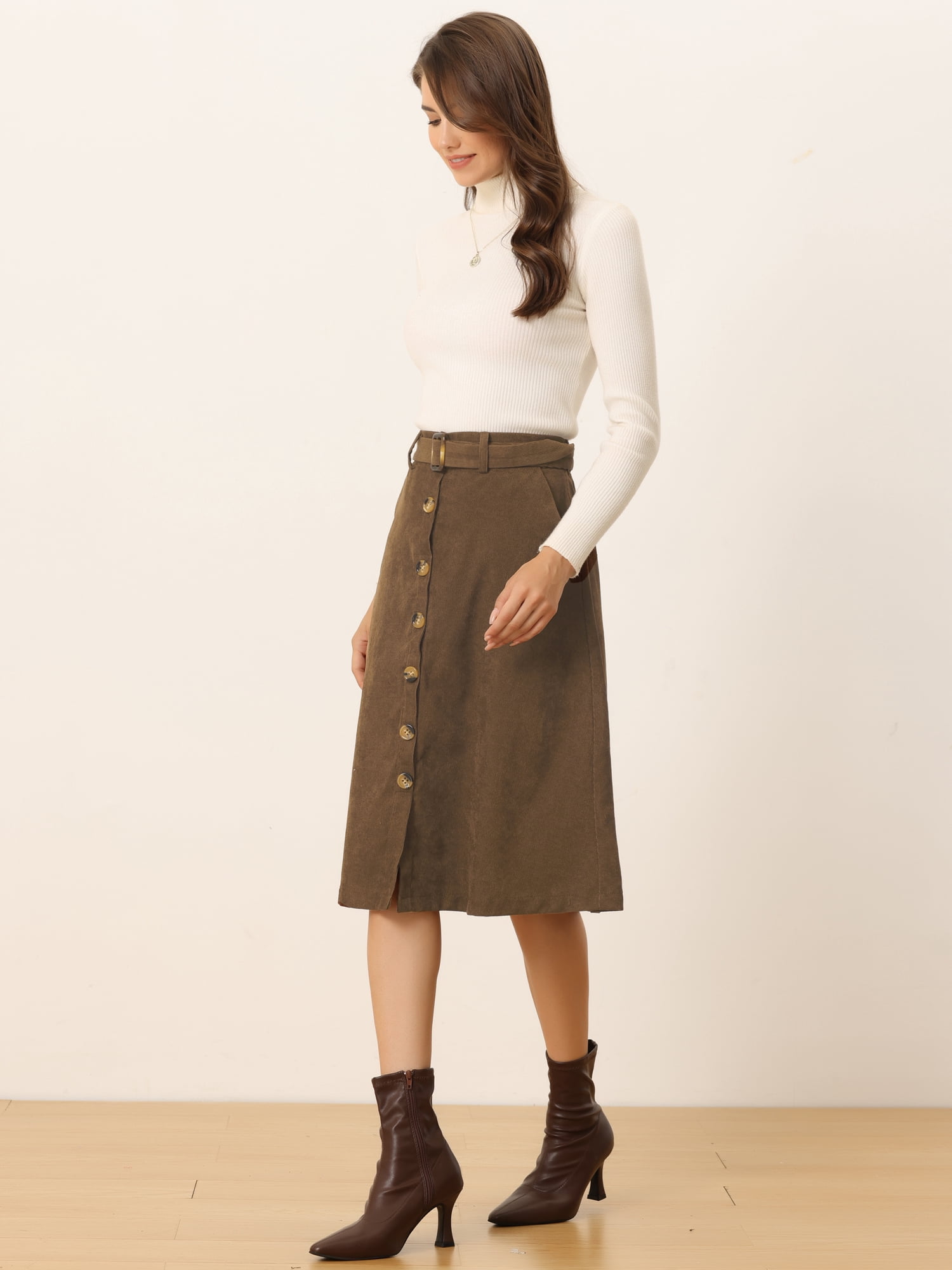 DARING DIVA Women's A-Line Button Front Belted Midi Skirts S Coffee