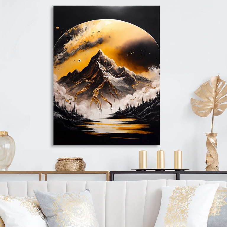 Free Shipping! Designart Black and Gold Mountain Landscape Canvas