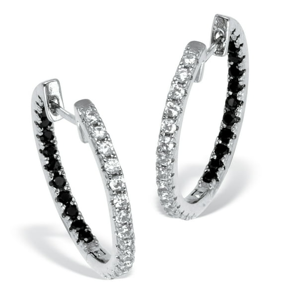 Round Black and White Crystal Silvertone Hoop Earrings 26mm