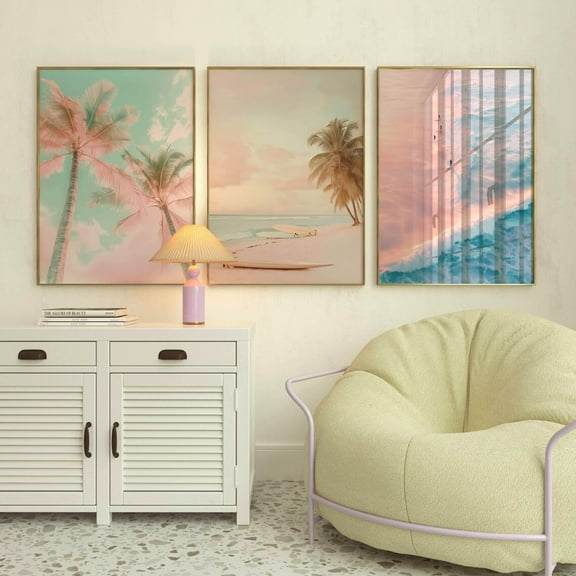 Luvia Set Of 3 Pink Vintage Prints Palm Tree Surf Poster Pastel Beach Decor Pink Sunset Coastal Trendy Gallery Preppy, Modern Wall Decor Set 3 Prints 8x12 UNFRAMED