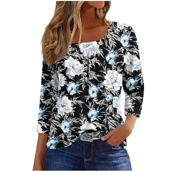 Blusas para las Mujeres Casual, 3/4 Manga Floral Estampado Camiseta de Moda Top Hecho de Poliéster Transpirable Suave para el Uso Diario de Primavera Otoño, Tops de Blusa para las Mujeres