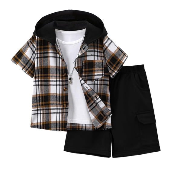 Jolyshlid Boys 2 Piece Summer Outfit Set Plaid Shirt and Shorts Casual Clothing Set for Kids 7-8Years,Black