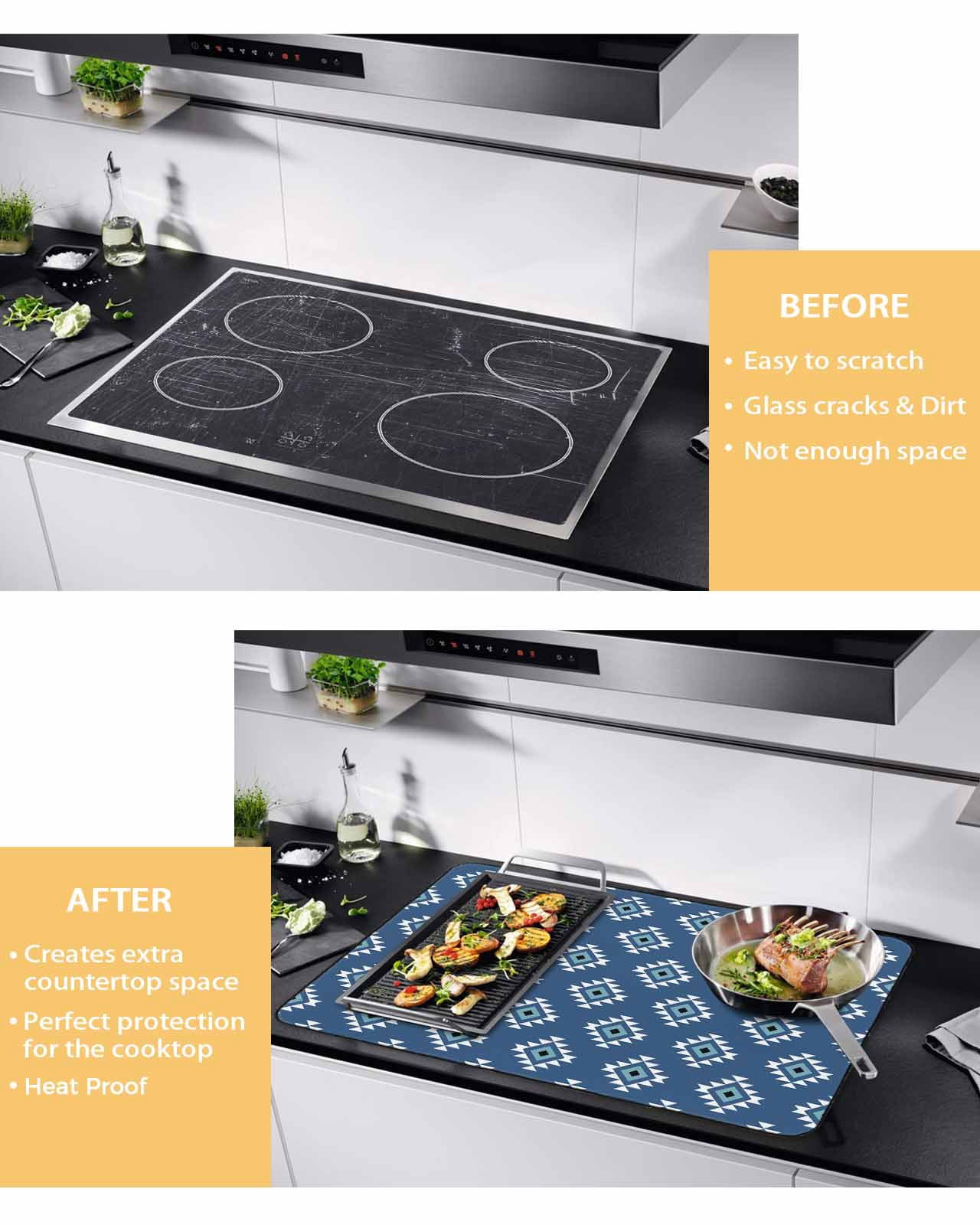 nqOlkjepod Large Induction Cooktop Protector Mat 24"x21", Blue Boho Geometric Stove Top Covers for Electric Stove, Farmhouse Southwest Motifs Art Stove Burner Cover Mats, Glass Top Stove Cover
