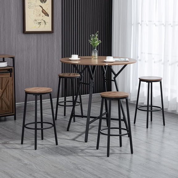 Industrial 5-Piece Bar Table and Chairs Set, Space Saving Dining Table with 4 Stools for Pub and Kitchen, Black & Brown