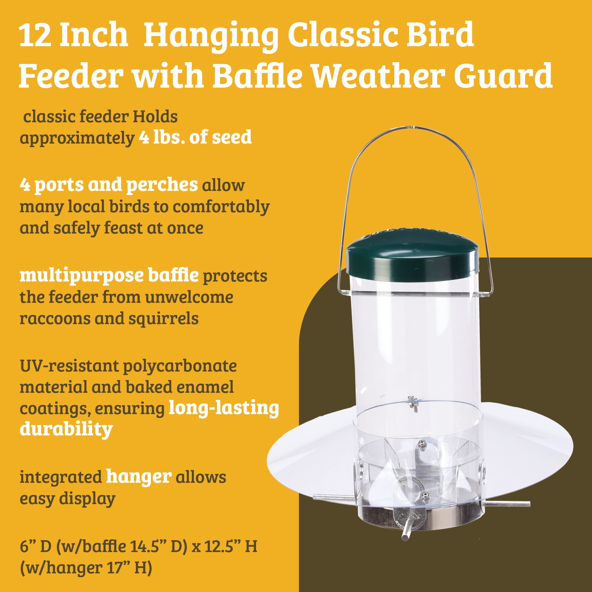 Birds Choice 12" Classic Hanging Bird Feeder with Baffle Weather Guard, Green