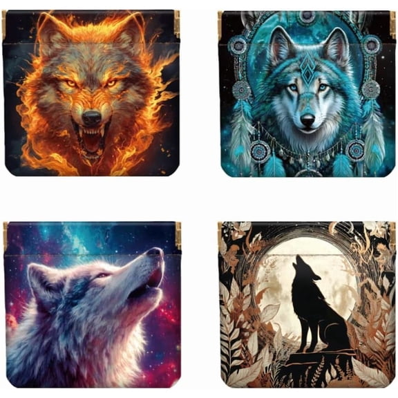 4Pcs Small Leather Squeeze Coin Purse for Women-Wolf Pattern Waterproof & Durable Change Pouch Mini Money Wallet Best Gift for Adult Girls