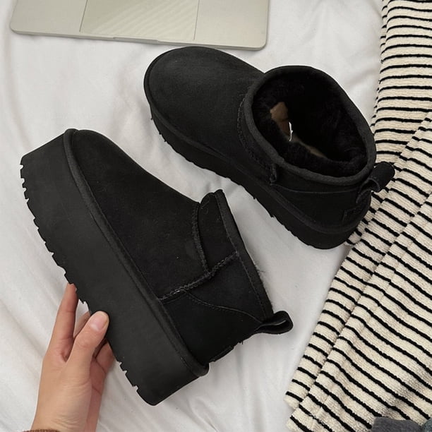 Botas de nieve cortas de suela gruesa de invierno para mujer, botas cortas mini con plataforma impermeable integrada de piel de oveja, cálidas