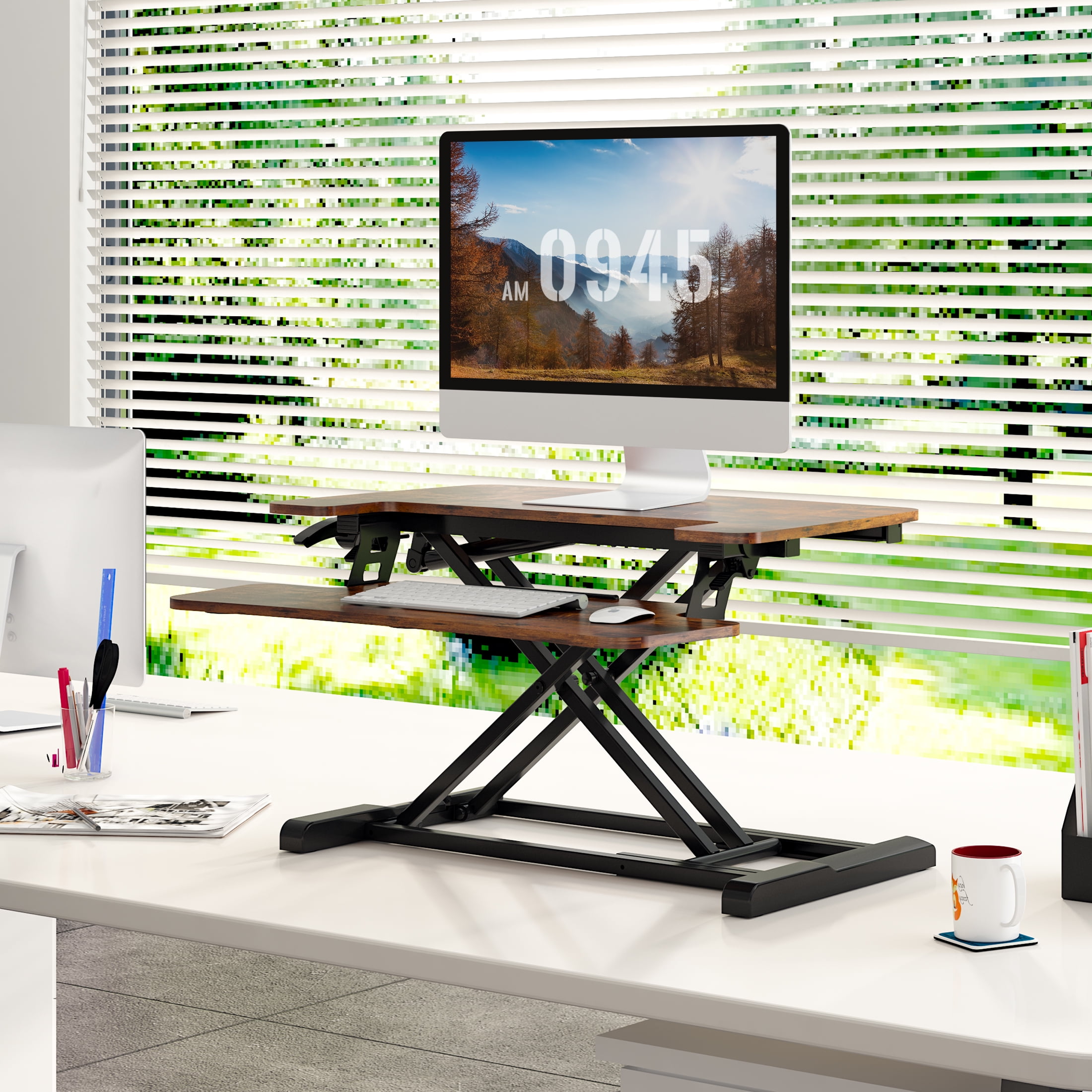 FitStand Home Office Height Adjustable Standing Desk Converter Special Walnut 28" U-Shape with Keyboard Tray MDF