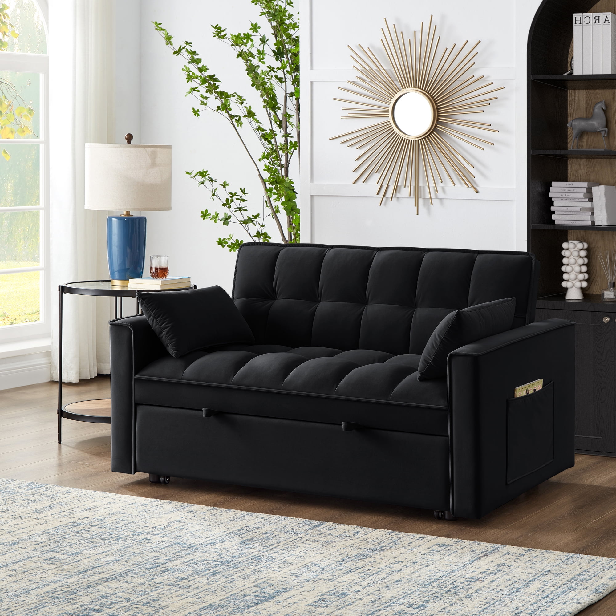 3 in 1 Convertible Sleeper Sofa Bed, 53" Modern Convertible Sofa Bed with 2 Detachable Arm Pockets,Velvet Pull Out Couch with Pull Out Bed for Living Room Furniture,Black