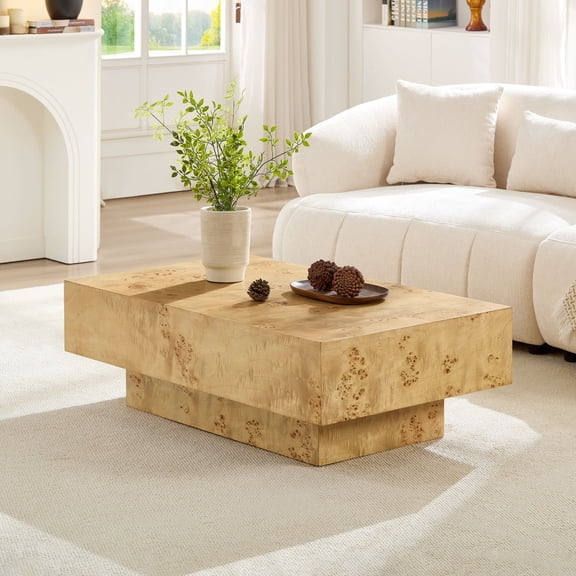 43" Rectangle Coffee Table with Burl Wood Stickers, Modern Wood Drum Center Table with Sturdy Base, Accent Side End Table for Living Room, Natural