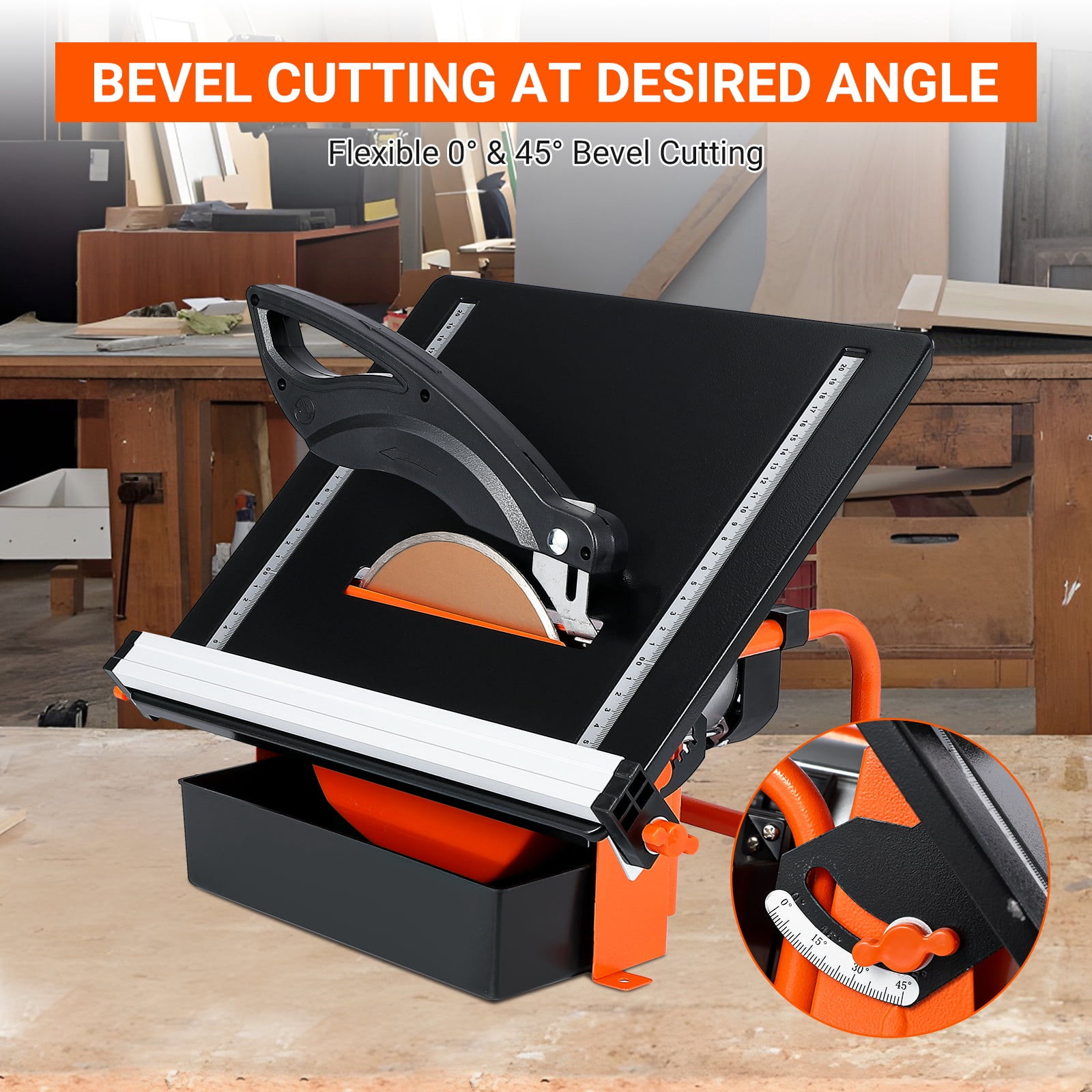 Kicctian 7-inch Wet Tile Saw, 3450 RPM Induction Motor, 0-45° Miter Angle for Cutting Tiles & Stones, Steel Frame Box