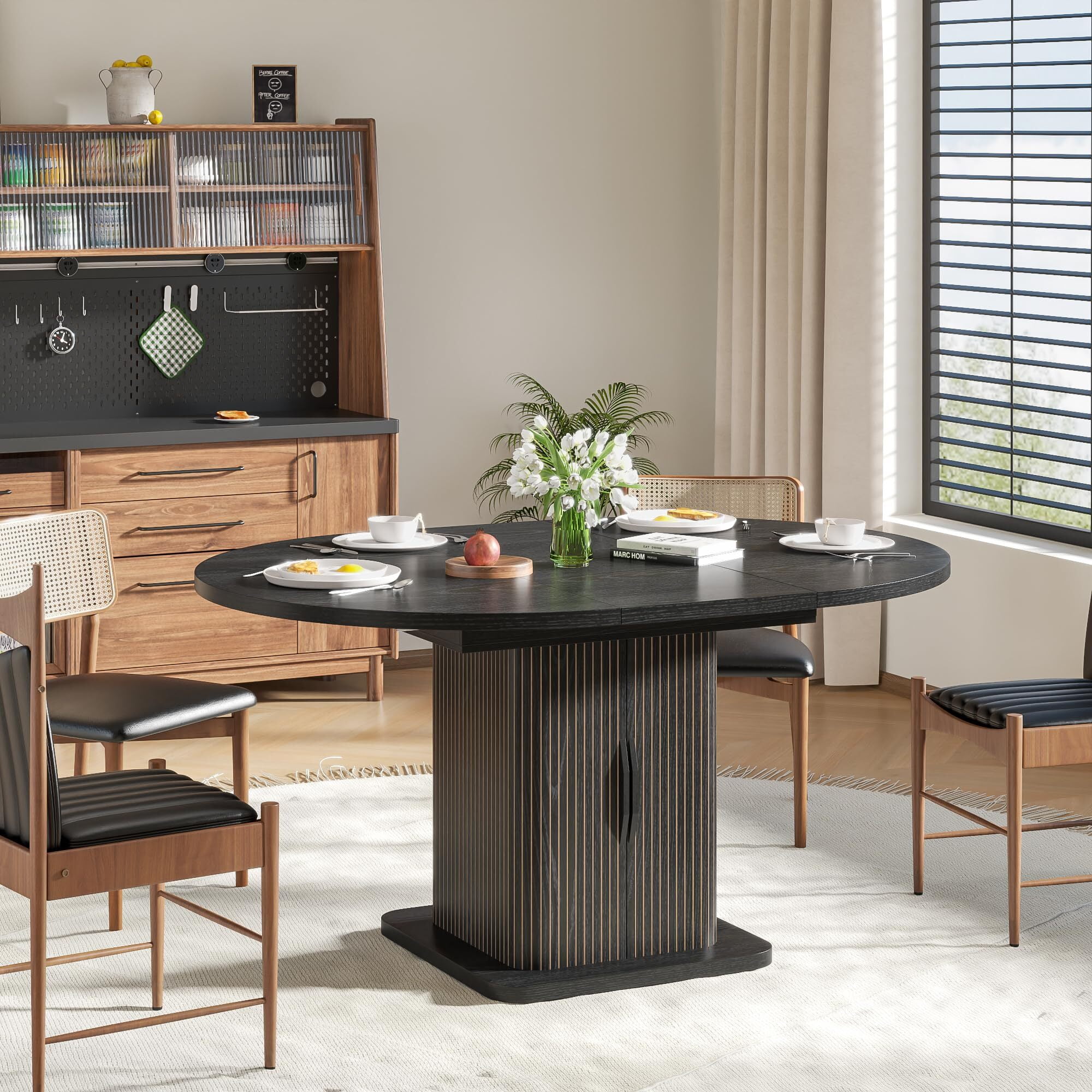 Extendable Round Dining Table for 4–8, 59" Modern Kitchen Table with Storage & Fluted Wood Sliding Door, Black