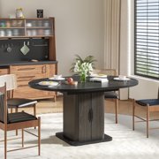 Extendable Round Dining Table for 4–8, 59 Modern Kitchen Table with Storage & Fluted Wood Sliding Door, Black