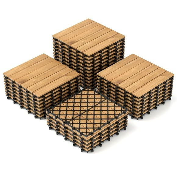 Costway 30 PCS Acacia Wood Flooring Tiles 12" x 12" Snap-in-place Patio Tiles for Porch