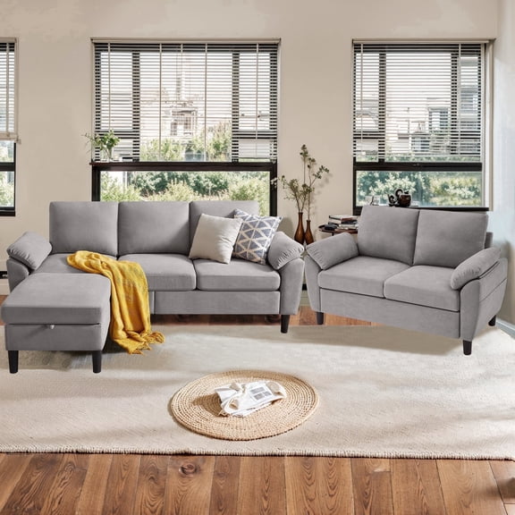 Pingliang Home Modern Sectional Sofa Couch with Storage Ottoman and Loveseat,Double Seater Couch and 3 Seater L Shaped Couch with Side Pockets for Home Living Room Apartment Office Studio
